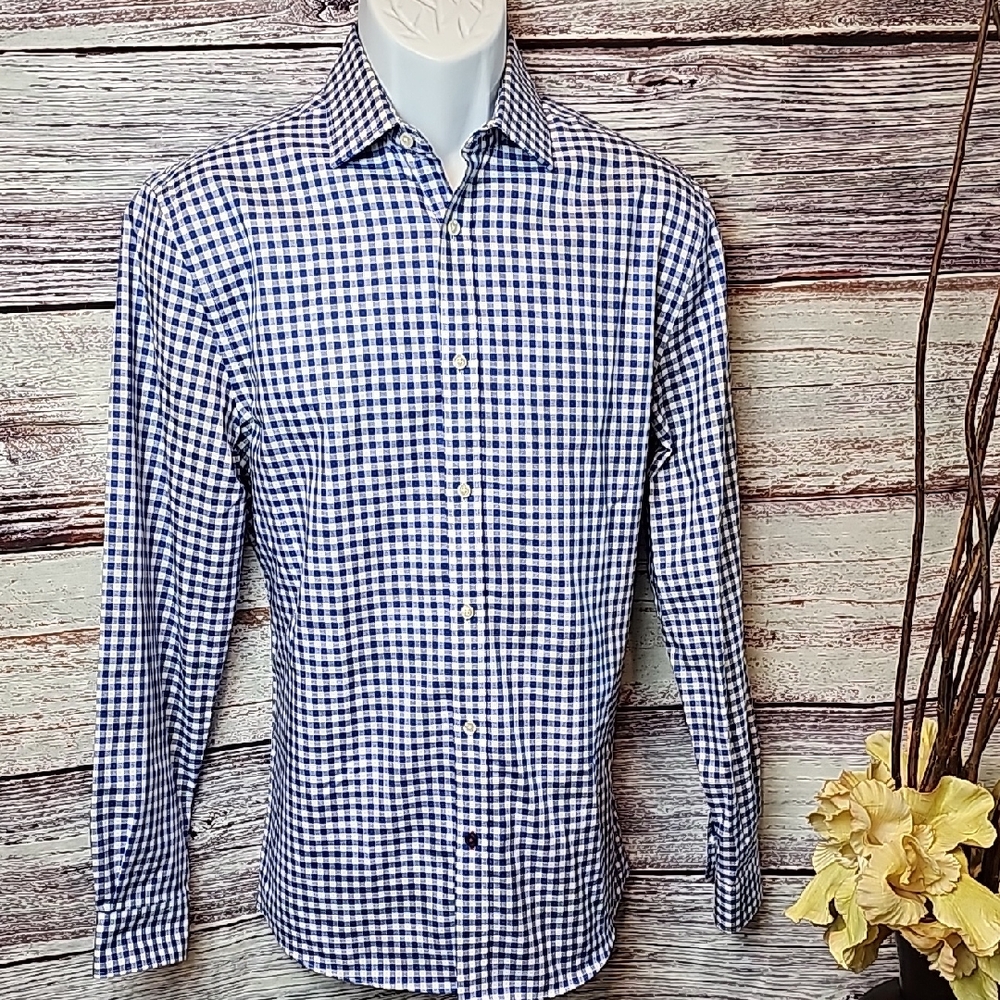 NEW TOMMY HILFIGER SLIM-FIT BLUE & WHITE CHECKED BUTTON-UP DRESS SHIRT